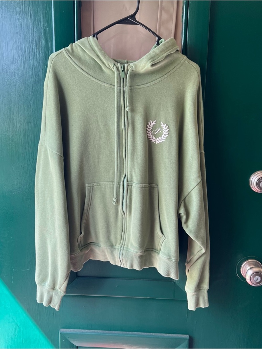 PINK Victoria's Secret Olive Green Zip Hoodie with Laurel Emblem